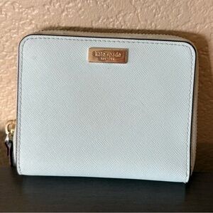 kate spade Light Blue Saffiano Zip-Around Compact Wallet with Gold Logo